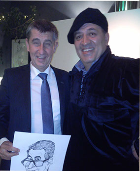 Karikatura Andreje Babiše od Karikaturisty Janka, ukázka vtipného portrétu známé osobnosti.