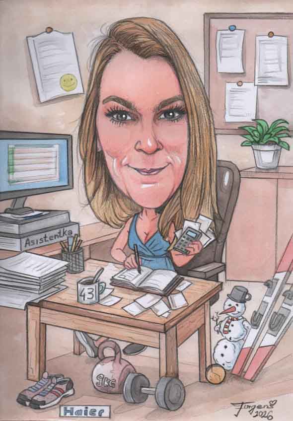 Barevná karikatura usměvavé mladé ženy v moderní kanceláři u pracovního stolu.