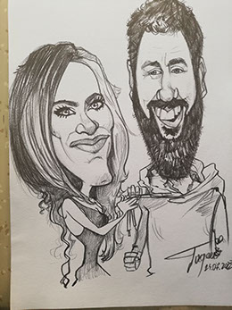Společná karikatura Bena Stillera a Jennifer Aniston od Karikaturisty Janka, ukázka portrétu filmových hvězd.