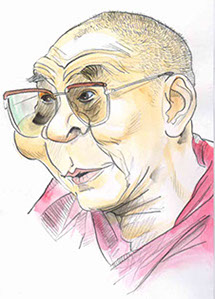 Barevná karikatura Dalajlámy od Karikaturisty Janka, ukázka vtipného a laskavého portrétu světové osobnosti.