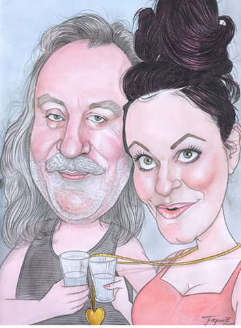 Společná karikatura muže a ženy od Karikaturisty Janka, kreslená naživo jako zábava na svatbu.