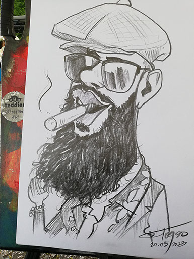 Detailní portrétní karikatura: Pán s hustým plnovousem a doutníkem, precizní vystižení podoby od Janka Toraka.