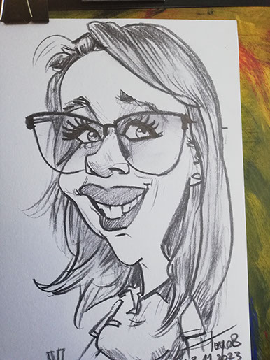 Detailní karikatura obličeje ženy od Karikaturisty Janka, ukázka vkusné rychlokresby na akci v Praze.