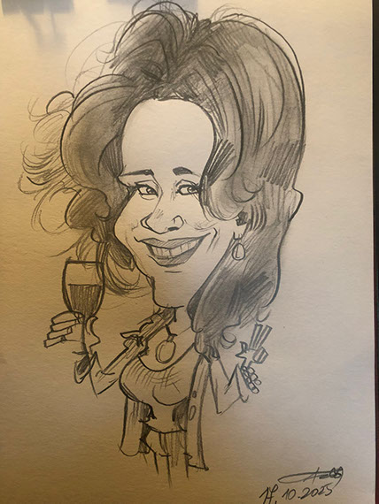 Karikaturista Janko kreslí slečnu na oslavě narozenin, zábavná rychlokresba hostů naživo v Praze.