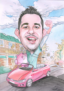 Barevná karikatura muže v autě od Karikaturisty Janka, originální dárek pro milovníka aut na zakázku.