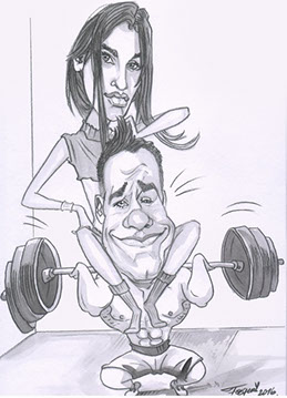 Ručně kreslená karikatura muže v tílku při vzpírání, činka je prohnutá pod vahou závaží, v pozadí motivační nápis.