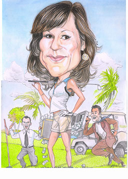 Ručně kreslená karikatura paní se stylovým golfovým bagem a holí, zářivé barvy, pozadí s kopcovitým golfovým resortem.