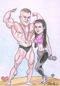 Barevná karikatura usměvavého kulturisty s obřími svaly, který předvádí pózu 'double biceps' na soutěžním pódiu.