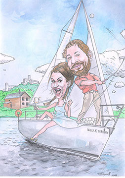 Barevná karikatura zamilovaného páru na palubě jachty, pán v golfovém tričku právě odpaluje míček na širé moře.