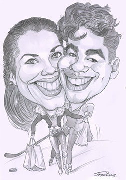 Ručně kreslená karikatura páru držícího se za ruce v nákupní galerii, v druhé ruce mají luxusní tašky se srdíčky