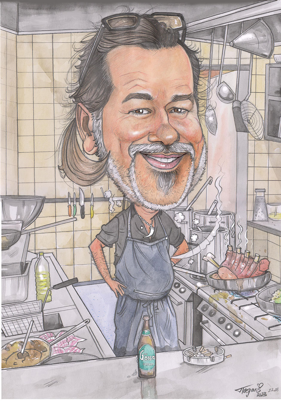 Vtipná digitální ilustrace kuchaře s cigaretou v ústech na pozadí zasněžených rakouských Alp