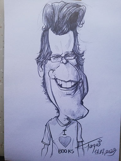 Detailní karikatura obličeje Stephena Kinga, precizní zachycení podoby světoznámého autora od Janka Toraka.
