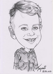 Rychlá černobílá karikatura kluka na A4, kresleno naživo Karikaturistou Jankem během dětské party.