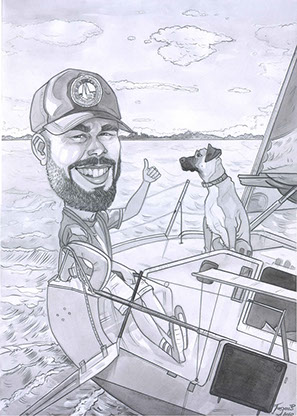 Ručně kreslená karikatura muže u kormidla lodi, pes s vyplazeným jazykem mu kouká přes rameno, dynamický komiksový styl.