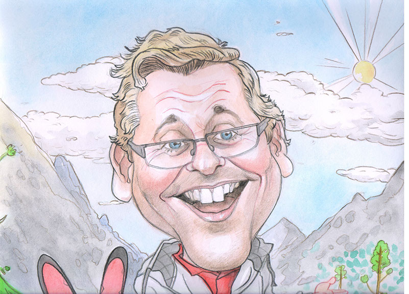 Barevná karikatura usměvavého muže s výraznými brýlemi, hřejivý výraz a zářivé barvy.“