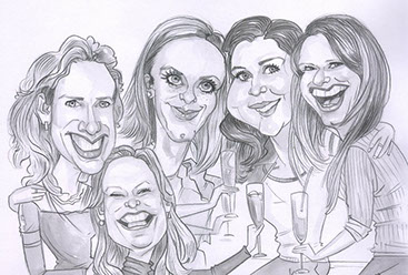 Skupinová karikatura pěti dívek v letním stylu, v pozadí plážový bar, v rukou skleničky s proseccem a jahodou.