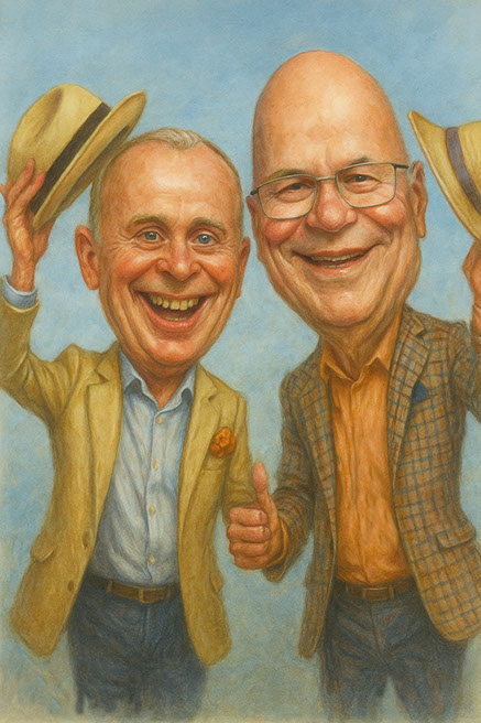 Společná karikatura dvou mužů s kloboukem od Karikaturisty Janka, vtipný portrét přátel na formát A3.