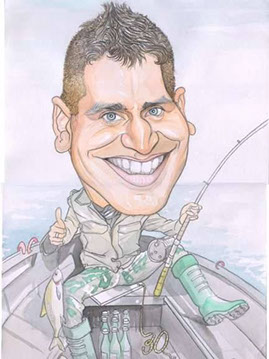 Barevný kreslený portrét rybáře s prutem a úlovkem, komiksový styl podle fotografie.