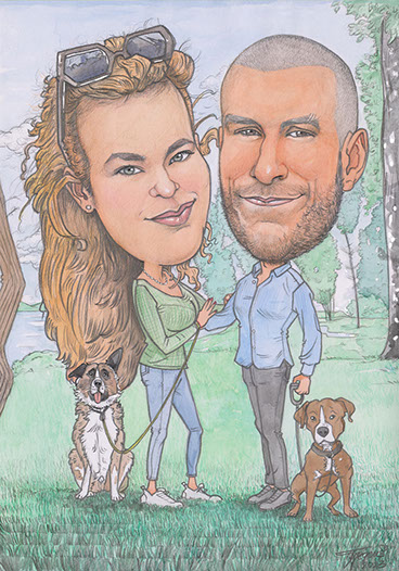 Barevná karikatura zamilovaného páru, který se objímá a drží svého psa, zářivé barvy a veselý styl.