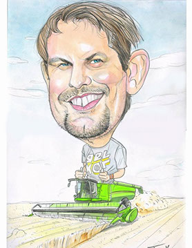 Barevná karikatura usměvavého muže v kabině velkého žlutého kombajnu během sklizně.