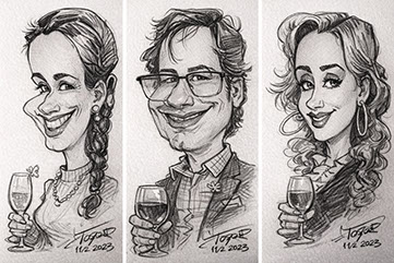 Černobílá digitální karikatura muže s širokým úsměvem, lineární kresba.