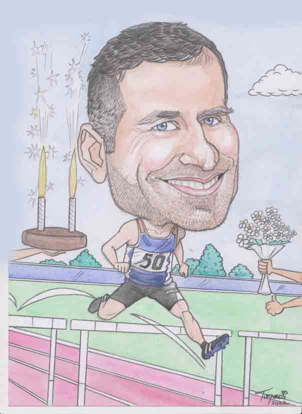 Barevná karikatura muže v atletickém dresu, který dynamicky přeskakuje překážku na stadionu.