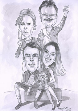 Barevná karikatura usměvavé čtyřčlenné rodiny v objetí, veselé barvy a hravý styl.