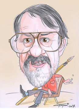 Barevná karikatura muže spokojeně odpočívajícího ve velkém ušáku s novinami v ruce.